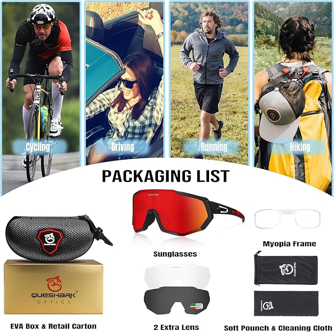 Queshark Cycling Glasses, Sports Sunglasses for Men Women, 1 Polarized 2 HD Lens, Polarized Sunglasses for Cycling Running