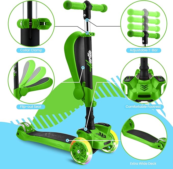 Hurtle 3-Wheeled Scooter for Kids - Wheel LED Lights, Adjustable Lean-to-Steer Handlebar, and Foldable Seat - Sit or Stand Ride with Brake for Boys and Girls Ages 1-14 Years Old