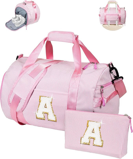 Christmas Gifts-Gift for 6 7 8 9 10 Years Old Girl, Girls Travel Duffle Bag, Kids Initial Overnight Bags with Shoe Compartment, Weekender Bag with Makeup Pouch, Birthday Gifts (Letter A)