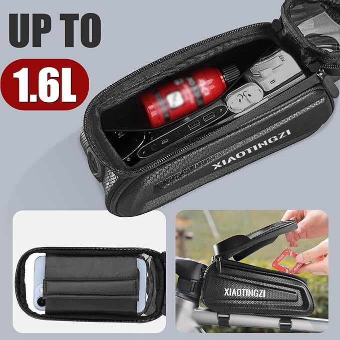 Bike and Bicycle Phone Front Frame Bag, Waterproof, Tube Bag, Cycling Pouch, Bike Accessories for Men Compatible Under 7 Inch and Below Phones