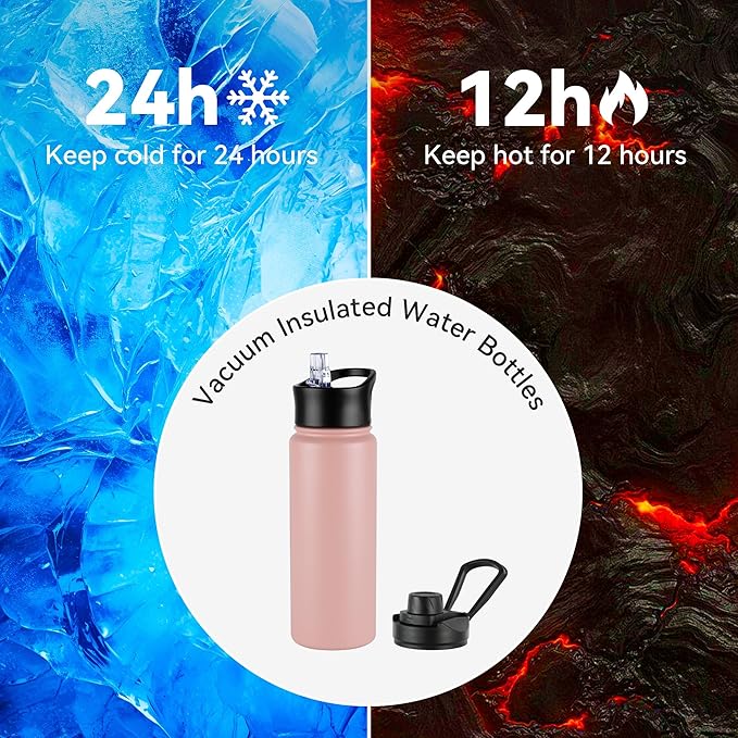 VEGOND 40 oz Insulated Water Bottle Stainless Steel Metal Water Bottles with Leak Proof Straw Lid & Spout Lid, Wide Mouth Double Walled Vacuum Travel Sports Bottle,Pink