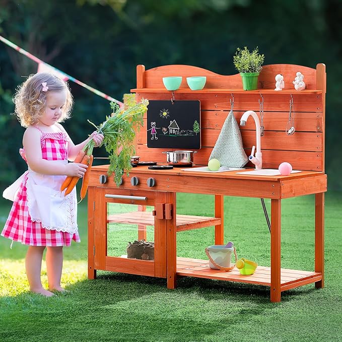 VEVOR Wood Outdoor Play Kitchen for Kids, 41.3in Extra-Wide Design with Realistic Stoves, 2 Removable Sinks, Upgraded Faucet, Blackboard & Cookware Pots, Outdoor Mud Kitchen for Boys & Girls