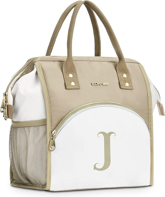 Personalized Lunch Box for Women, Initial Reusable Insulated Lunch Bag, Wide-Open Adult Lunchbox Cooler Lunchbag, Leakproof Lunch Tote for Picnic Work Outdoors, Christmas Gift for Women, Brown - J