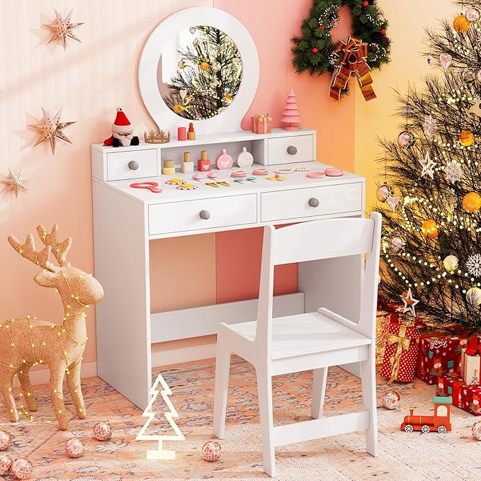 Costzon Kids Vanity, Princess Makeup Dressing Desk with Mirror and Stool, 4 Storage Drawers, Pretend Play Vanity Table and Chair Set for Little Girls (White)