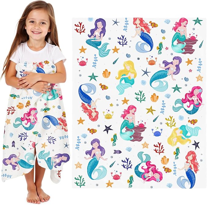 Wajade Kids Mermaid Blanket for Girls Soft Fleece Blanket for Couch Sofa Bedroom Mermaid Marine Life Throw Blanket for Kids Teens 60"x80"