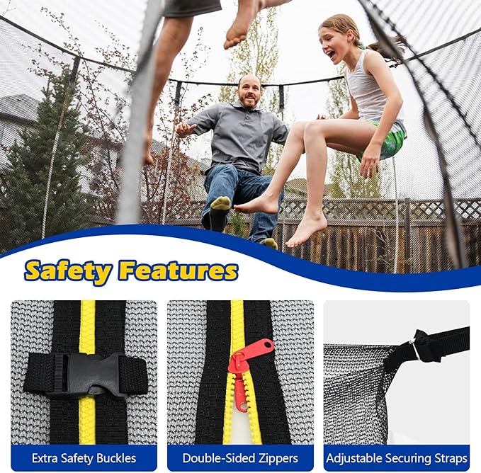 GYMAX Trampoline Net, Trampoline Enclosure for 8 10 12 14 15 16Ft Round Trampoline with Double-Headed Zippers & Buckles, Weather-Resistant Sun-Protective Trampoline Replacement Net