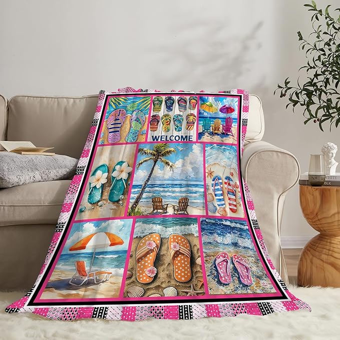 Coastal Blanket Ultra Soft Cozy Ocean Beach Palm Tree Throw Blanket Fleece Fuzzy Plush Bedding Blanket Beach Flip-Flops Decor Gifts for Women Girls Adults Couch Sofa 50"x40"
