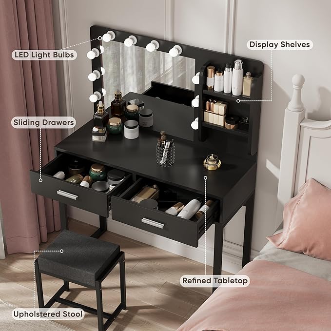 Makeup Vanity Desk with Lights,Black Vanity with Lighted Mirror,Vanity Desk with 2 Storage Drawers,Vanity Set with Bench