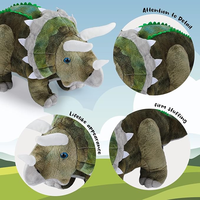 Dinosaur Plush Toy, Triceratops Stuffed Animal Throw Plushie Pillow Doll, Soft Grey Fluffy Friend Hugging Cushion - Present for Every Age & Occasion