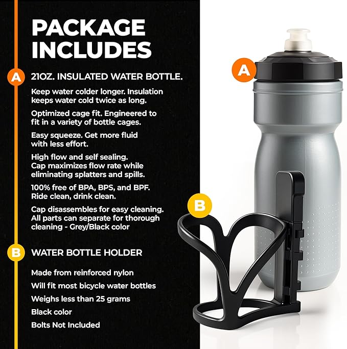 Insulated Bike Water Bottle with Bottle Holder, No Screws, Mountain Bicycle Accessories, for Sport Outdoor Cycling, MTB Road, Universal Cup Holder, Durable, Kids, Adults (Black)