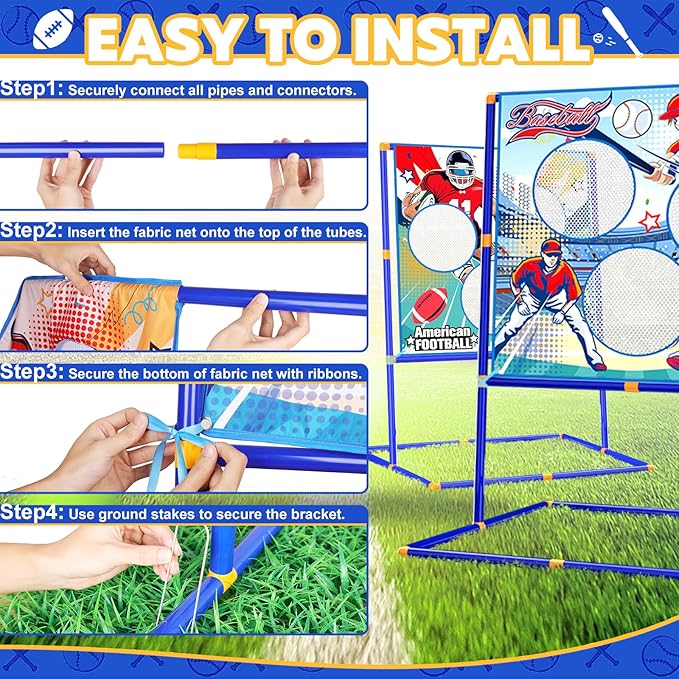 2-in-1 Football & Baseball Toss Target Games for Kids 4-8 8-12, 3-Hole Double-Sided Strike Zone with T Ball Set and Ball Launcher for Toddlers, Indoor Outdoor Toys Backyard Sport Gifts for Boys