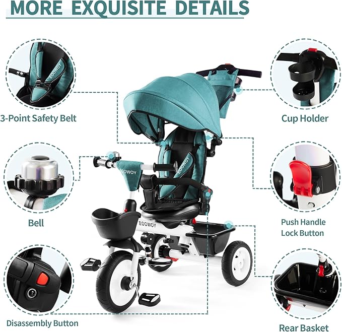 Baby Trike, 6-in-1 Kids Tricycle with Adjustable Push Handle, Removable Canopy, Safety Harness for 18 Months - 5 Year Old(Green)