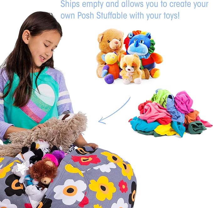 Posh Stuffable Kids Stuffed Animal Storage Bean Bag Chair Cover - Childrens Toy Organizer, Medium 27" - Canvas Multicolored Flowers on Gray