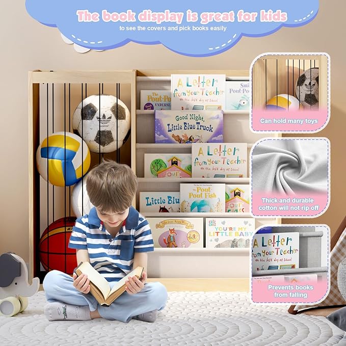 Natural Wood Kids Bookshelf & Stuffed Animal Net Holder Plush Toy Storage Organizer Child Bookcase Toddler Baby Sling Book Rack for Playroom Bedroom Nursery Infant Boys Girls Preschool