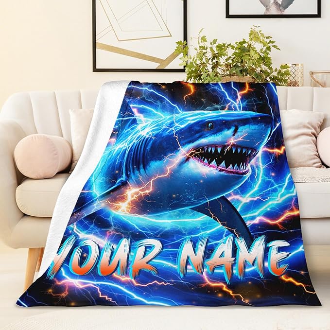 Shark Blanket for Boys, Personalized Throw Blankets for Kids Son 30x40 Inches Small Lightweight Soft Custom Throw for Sofa Chair Bed Office Trip Cool Shark Decor Stuff