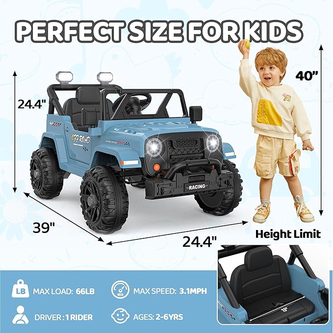 12V Ride On Truck Car with Remote Control, Kids Electric Vehicles with Bluetooth Music, Horn, 3 Speeds, 4 LED Lights, Soft Start, Ride on Toys for Toddler Boys & Girls (Blue)