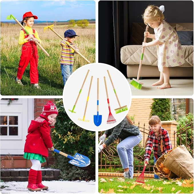 Theefun Kids Garden Tool Set: Safe Toddler Size Hoe, Rake, Shovel, Leaf Rake, Broom 5-Piece Kids Gardening Tools with Wooden Handle and Metal Head for Child Christmas Outdoor Toys Gift for Boys Girls