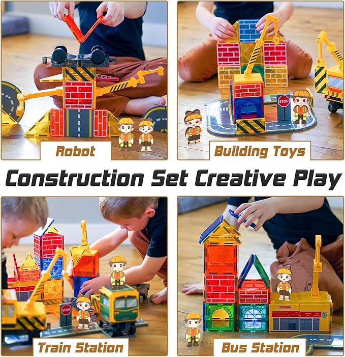 Soyee Magnetic Tiles Magnetic Construction Toys with 2 Cranes Boys Toys for Ages 3-5 5-7 Magnet Building Blocks Chritmas Gifts Boys Sensory Autism Montessori Toys Gift for 3+ Year Old