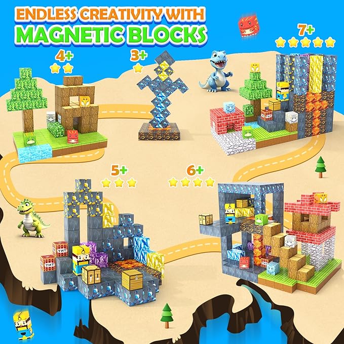154PCS Dinosaur Toys Magnetic Blocks-Build Mine Magnet World Forest Mine Edition, Dino Adventure Magnetic Building Sensory STEM Kids Toys for Boys Age 3+,Magnet Games for Boys Girls 3-5 4-6 5-7 6-8