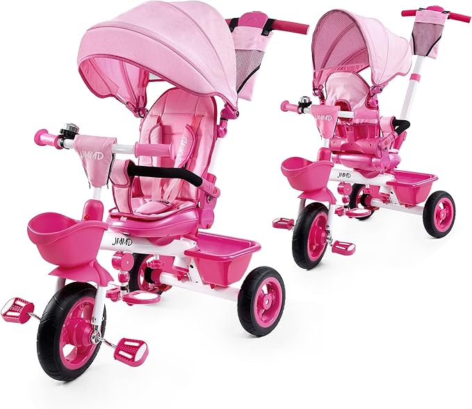 JMMD Baby Trike, 6-in-1 Kids Tricycle with Adjustable Push Handle, Removable Canopy, Safety Harness for 18 Months - 5 Year Old, Pink