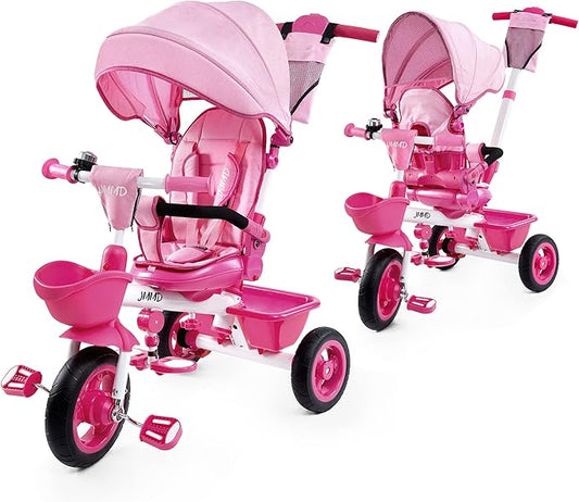 JMMD Baby Trike, 6-in-1 Kids Tricycle with Adjustable Push Handle, Removable Canopy, Safety Harness for 18 Months - 5 Year Old, Pink