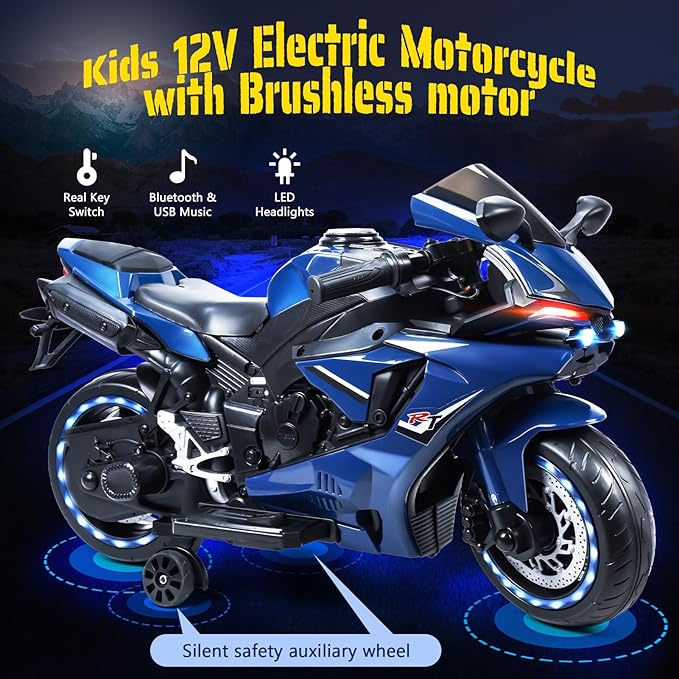 Electric Motorcycle for Kids, Electric Dirt Bike for Children, Speed Up to 9mph Ride-On Motorcycle with Safety Auxiliary Wheels (12V Battery) Red