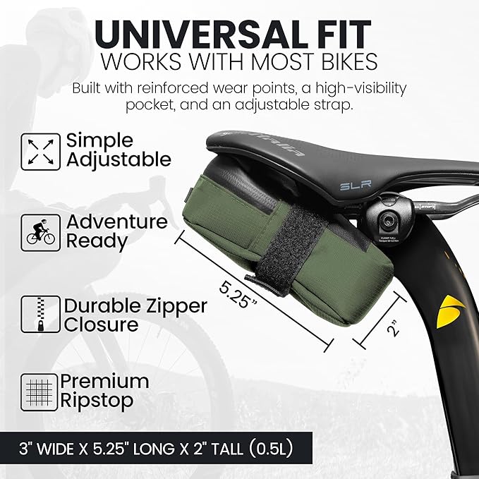 Signature Bike Saddle Bag – Hunter Green | 0.5L Bike Seat Bag (3" x 5.25" x 2") | Water-Resistant Ripstop, Waterproof Zipper, Internal Pocket | Durable Under Seat Storage