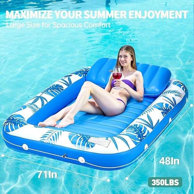 Pool Floats Inflatable Tanning Pool Lounger Float, 71" x 48" Large Pool Floats Adult with Pillow & Drink Holder,Sunbathing Water Lounge Floaties Tub Raft for Lake, Backyard, Beach Pool Party