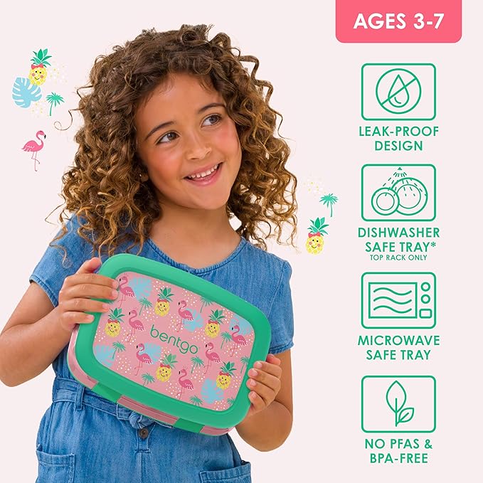 Bentgo Kids Prints Leak-Proof, 5-Compartment Bento-Style Kids Lunch Box - Ideal Portion Sizes for Ages 3-7, Durable, Drop-Proof, Dishwasher Safe, & PFAS & BPA-Free Materials (Tropical)