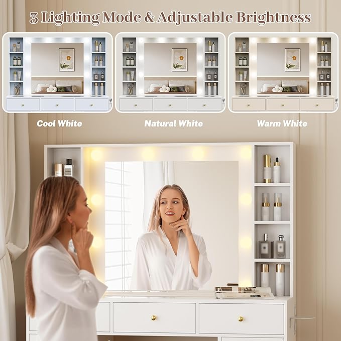 Makeup Vanity with Mirror and Lights, 43'' Wide Dressing Table with Storage Drawers, Open Shelves & Power Outlet, Vanity Desk with RGB Cabinet & Glass Top for Girls Bedroom, Living Room, White