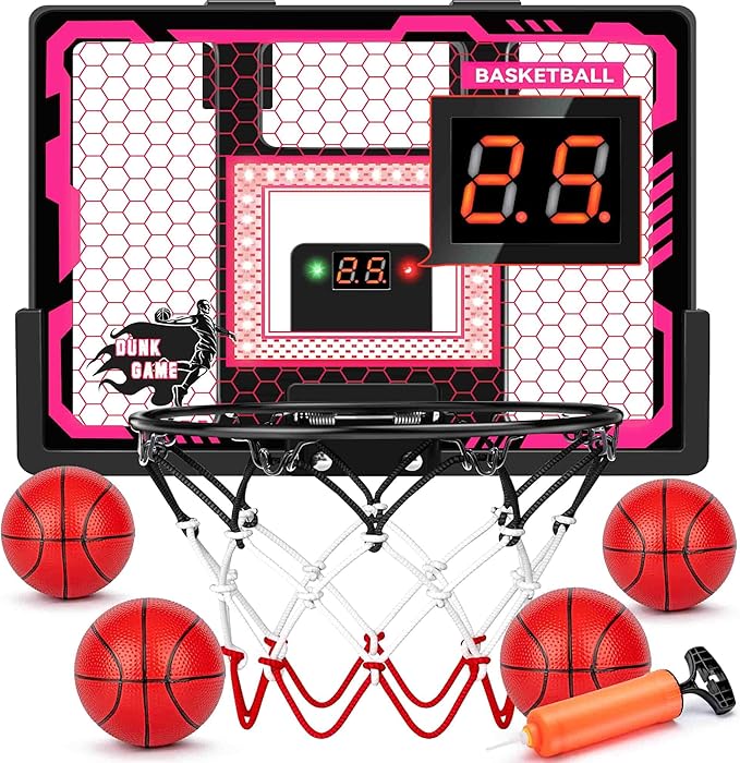 Indoor Basketball Hoop Toy for Girls - Basketball Hoops with Scoreboard&4 Balls, Backboard&Music Lights, Indoor Outdoor Basketball Sports Toys for Kids 4-8 8-12