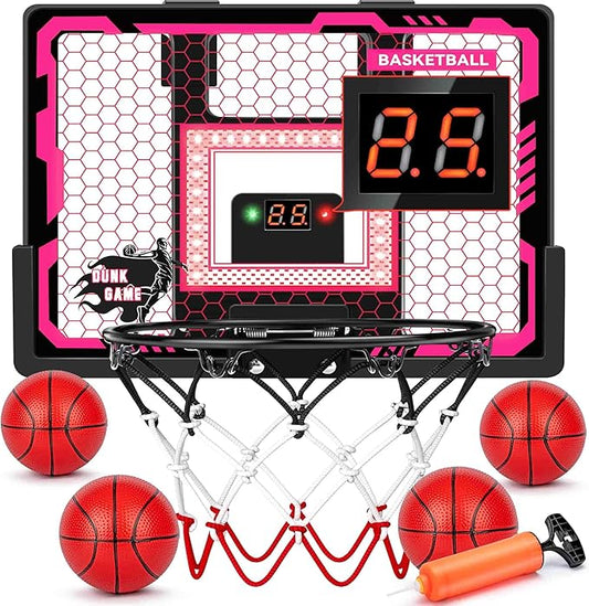 Indoor Basketball Hoop Toy for Girls - Basketball Hoops with Scoreboard&4 Balls, Backboard&Music Lights, Indoor Outdoor Basketball Sports Toys for Kids 4-8 8-12