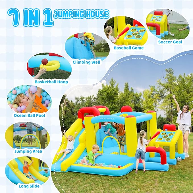 ELEMARA Inflatable Bounce House, 7 in 1 Kids Bounce House with Slide, Bouncy House with Blower, Jumping Area,Baseball/Soccer Area,Basketball Hoop,Climbing Wall, Jumping Castle for Indoor Outdoor
