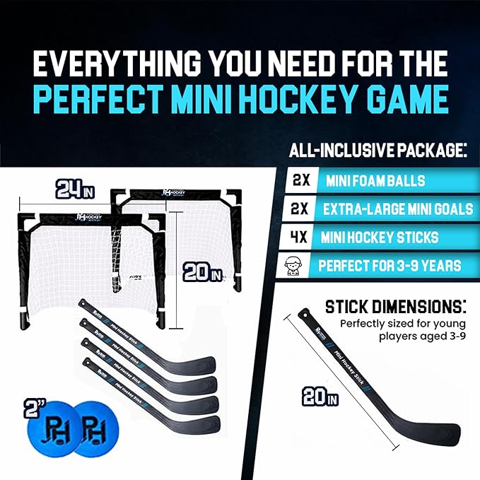 Premier Sports - Mini Hockey Set – Complete 4-Player Indoor Kit with (2) Mini Goals, (4) Mini Sticks, and (2) Mini Foam Balls
