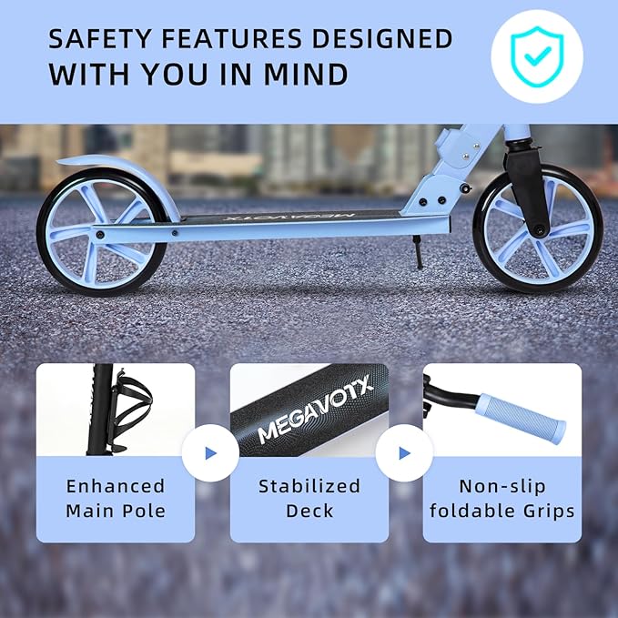 Foldable Kids Scooter with 8 inch Sturdy Wheels - Scooters for Kids, Teens, Adults Ages 8+, Adjustable Handlebar, Gift for Boys&Girls, 220lbs Max Load, Bearing ABEC7,Cup Holder