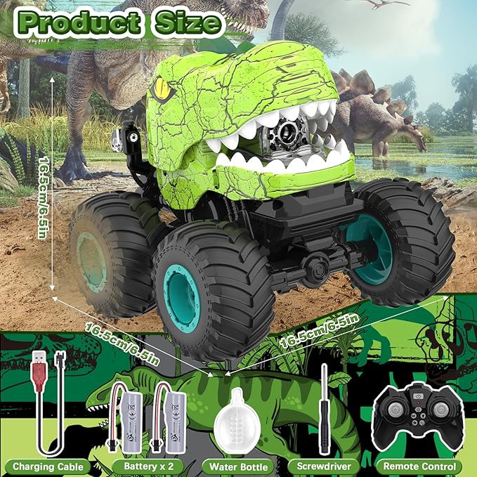 Monster Truck Toys - Remote Control Monster Truck with Spray & Light, Dinosaur Toys for Kids 5-7, 1:20 Scale 2.4 GHz RC Truck, 360° Spins Remote Control Car for Boys 4-7, Kids Christmas Birthday Gifts