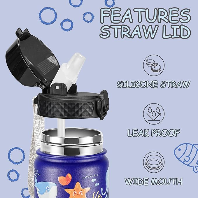 GOPPUS Kids Water Bottle (Straw Lid) - 18 Oz Stainless Steel Travel Bottle, Double Wall Vacuum Leak Proof Kids Cup for School Boys Girls,Under the Sea