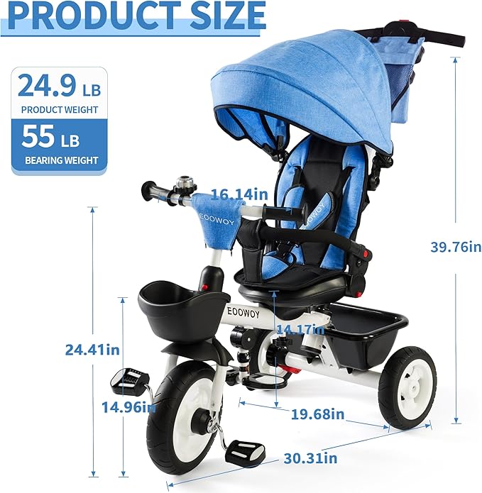Baby Trike, 6-in-1 Kids Tricycle with Adjustable Push Handle, Removable Canopy, Safety Harness for 18 Months - 5 Year Old(Blue)