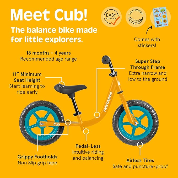 Retrospec Cub Toddler Balance Bike for Ages 18 Months - 3 Years - 12in No-Pedal Beginner Bicycle with Adjustable Seat, Puncture-Proof Tires & Safe Low Frame Design