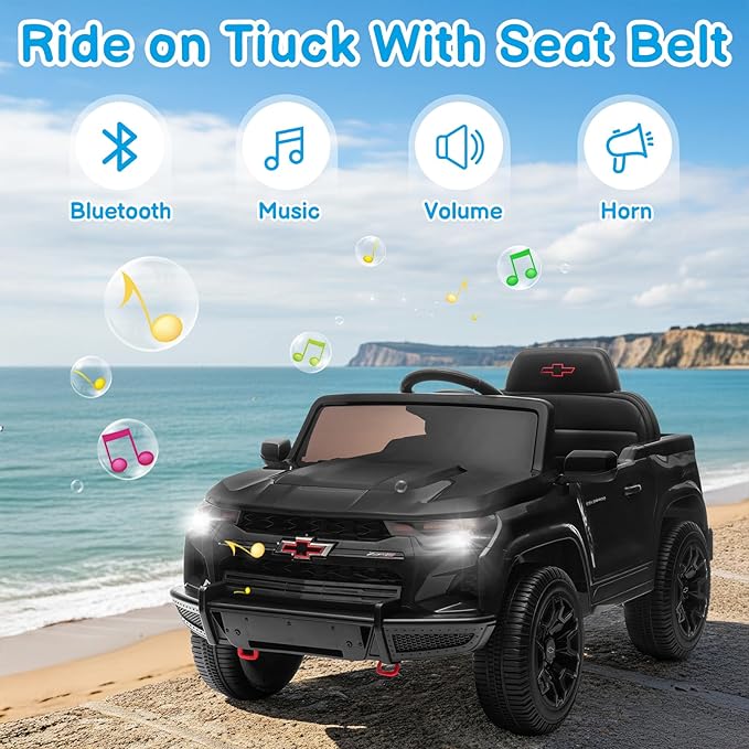 Winado Licensed Chevrolet Colorado Electric Car for Kids, 12V Ride on Toys for Toddlers with Remote Control, Battery Powered Electric Car Ride On Vehicle w/Bluetooth, Soft Start, LED Lights - Black