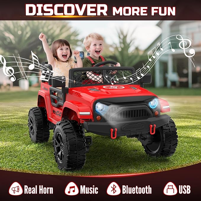 2 Seater Ride On Car for Kids, EVA Tires, 24V 4WD Electric Car w/Remote Control, Bluetooth, LED Lights, Ride On Truck for Boys and Girls Aged 3-8, Red
