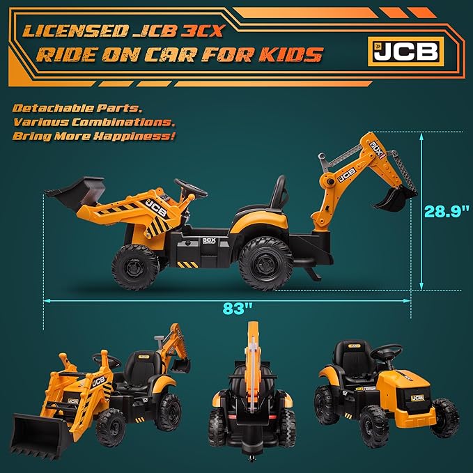24V Excavator Ride on Toy, Licensed JCB 3CX Electric Backhoe Loader Car for Kids, Ride on Digger, Bulldozer & Construction Vehicles w/Remote Control, Bluetooth Music, Moving Parts, Adjustable Seat