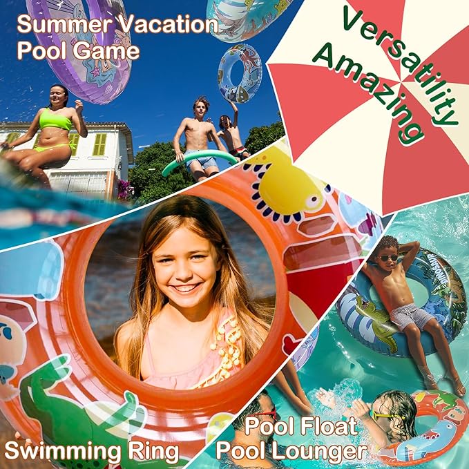 4 Pack Inflatable Pool Floats, 36" & 24" Pool Tubes for All Ages, Unique Dino, Mermaid, Pirate Inner Tube Floaties for Swimming, Swim Ring and Pool Party Toys for Kids 3-5 4-8 8-12, Teens, Adults
