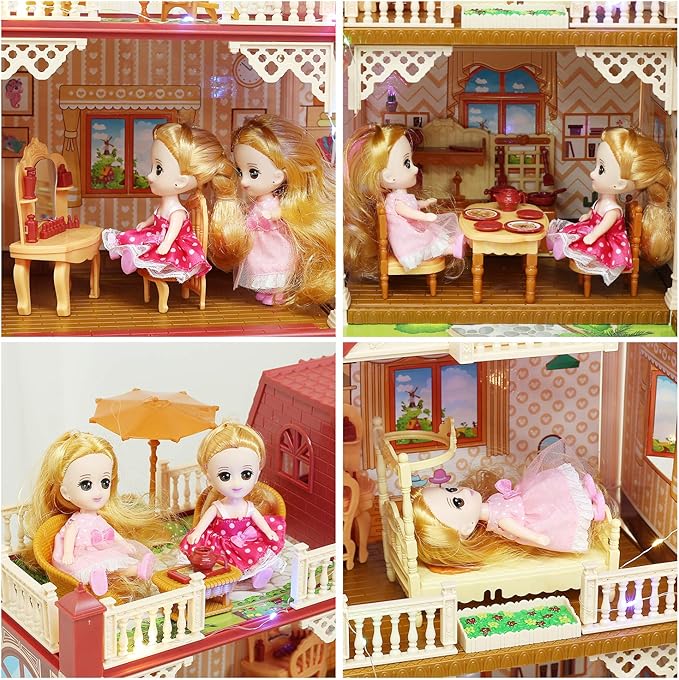 Doll House for Girls, DIY 5-Room Dollhouse Playset wirh Furniture and Accessories, Dream Gift for Kids
