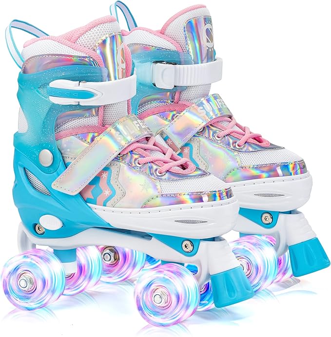 SULIFEEL Rainbow Unicorn 4 Size Adjustable Light up Roller Skates for Girls Boys for Kids