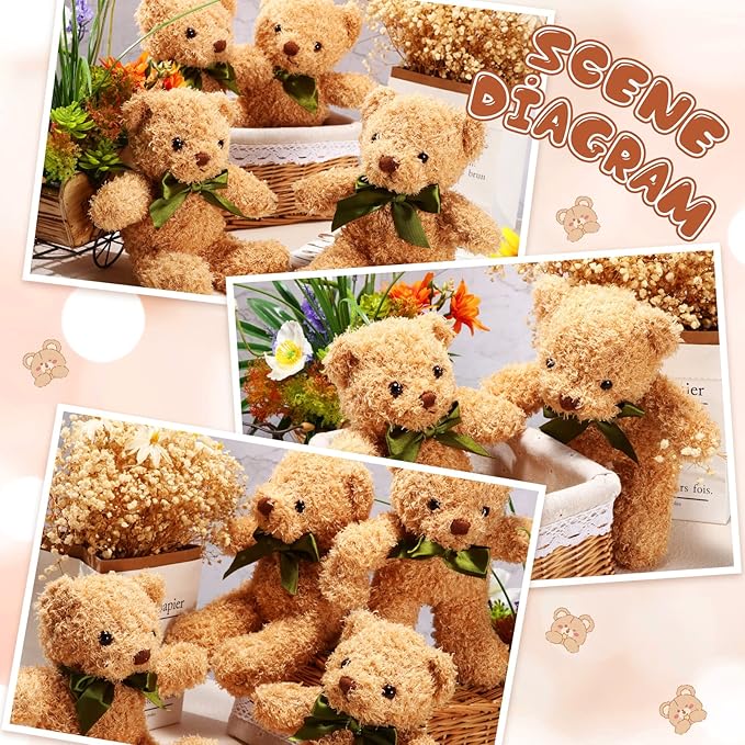 HyDren 6 Pcs Bear Stuffed Animal Plush Toys Soft Plush Dolls Bear Sleeping and Playing Toys for Baby Shower Decoration Boy(Fuzzy Style,Brown)