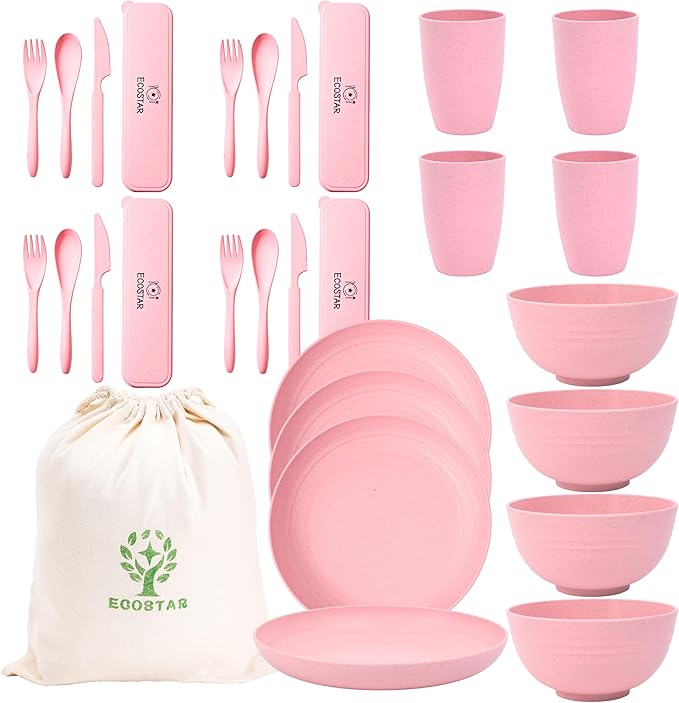 ECOSTAR Wheat Straw Dinnerware Sets Unbreakable Plates Bowls and Cups Reusable Utensils Dishwasher Microwave Safe Bowls and Plates Sets (Pink)