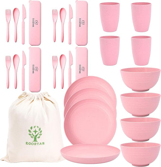 ECOSTAR Wheat Straw Dinnerware Sets Unbreakable Plates Bowls and Cups Reusable Utensils Dishwasher Microwave Safe Bowls and Plates Sets (Pink)