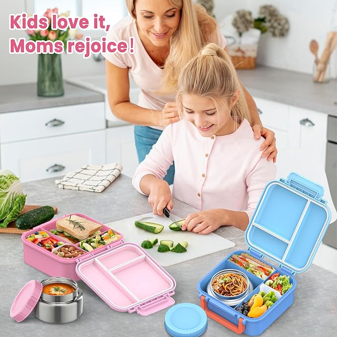 Bento Lunch Box for Kids with 9oz Thermo, Leak-proof Lunch Containers with 3 Compartments,Kids-friendly Size,Durable/Dishwasher Safe Lunch Box for School Outdoors-Pink