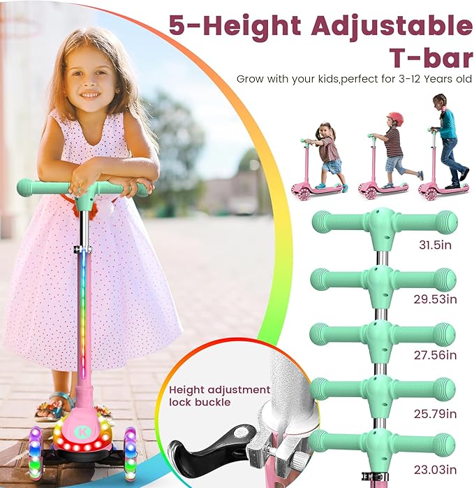 2-in-1 Adjustable Kick Scooter for Kids 3-5 (Suitable 3-12 Years),5-Level Handlebar & Removable Seat, LED Light-Up Wheels, Wide Deck, Foldable Design for Indoor/Outdoor Use - Girls & Boys